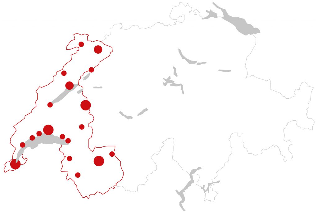 Carte d'intervention de l'équipe Ma Baignoire en Suisse Romande
